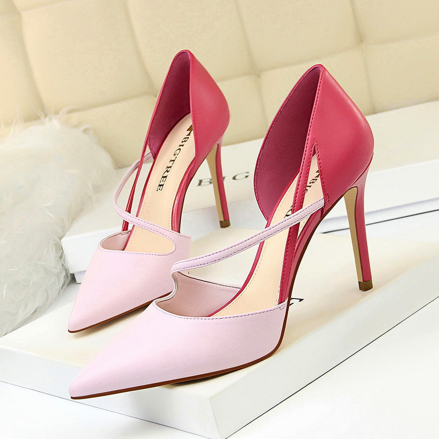 Sweet High Heels Women High Heel Low Cut Pointed Toe Colorblock Hollow Out Cutout out Strap Skinny Shoes-The Fance