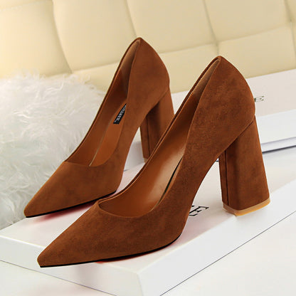 Simple Thick Heel High Heel Suede Shallow Mouth Pointed Toe Business Office Skinny Women Shoes High Heels Pumps-The Fance