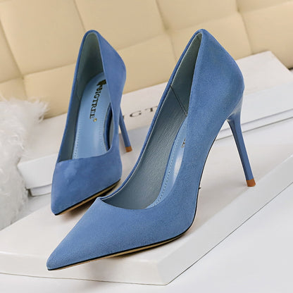 Fashionable Simple Stiletto Heel Suede Shallow Mouth Pointed High Heels Women Shoes Sexy Slimming Pumps-The Fance