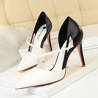 Sweet High Heels Women High Heel Low Cut Pointed Toe Colorblock Hollow Out Cutout out Strap Skinny Shoes-The Fance