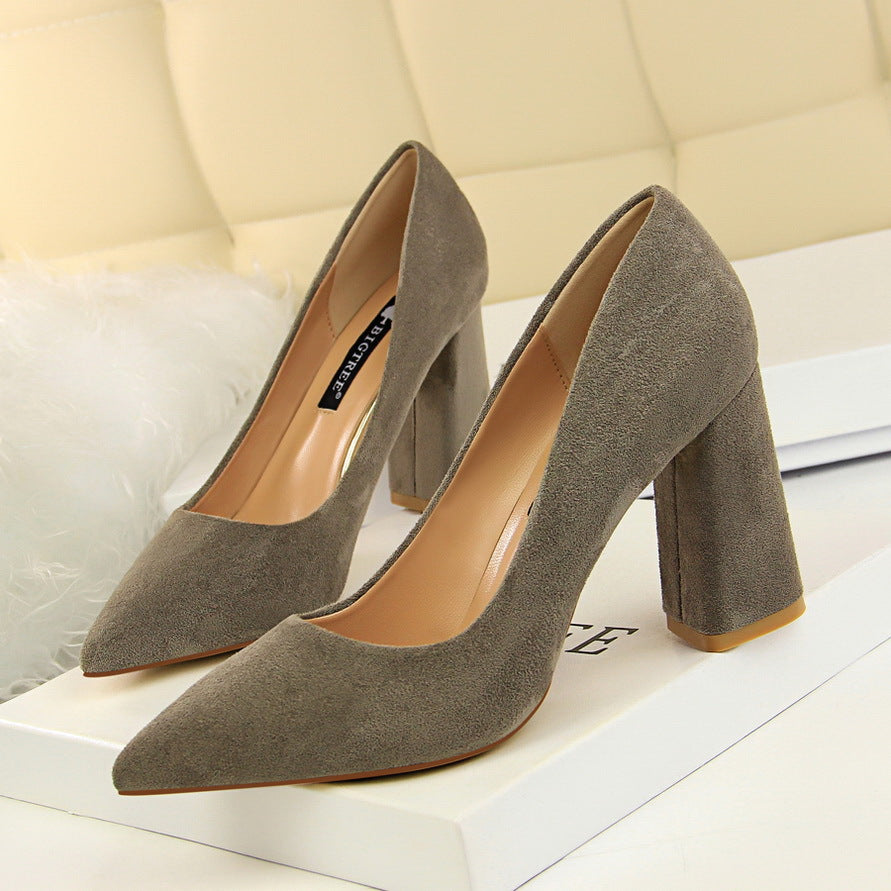 Simple Thick Heel High Heel Suede Shallow Mouth Pointed Toe Business Office Skinny Women Shoes High Heels Pumps-The Fance