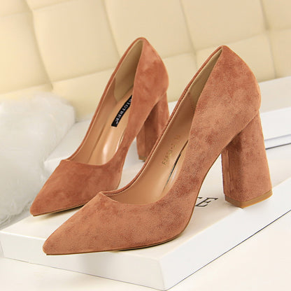 Simple Thick Heel High Heel Suede Shallow Mouth Pointed Toe Business Office Skinny Women Shoes High Heels Pumps-The Fance