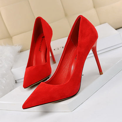 Fashionable Simple Stiletto Heel Suede Shallow Mouth Pointed High Heels Women Shoes Sexy Slimming Pumps-The Fance