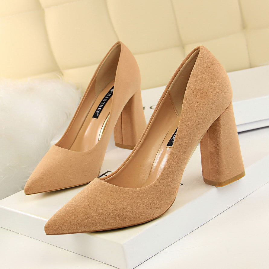 Simple Thick Heel High Heel Suede Shallow Mouth Pointed Toe Business Office Skinny Women Shoes High Heels Pumps-The Fance