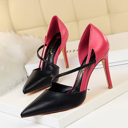 Sweet High Heels Women High Heel Low Cut Pointed Toe Colorblock Hollow Out Cutout out Strap Skinny Shoes-The Fance