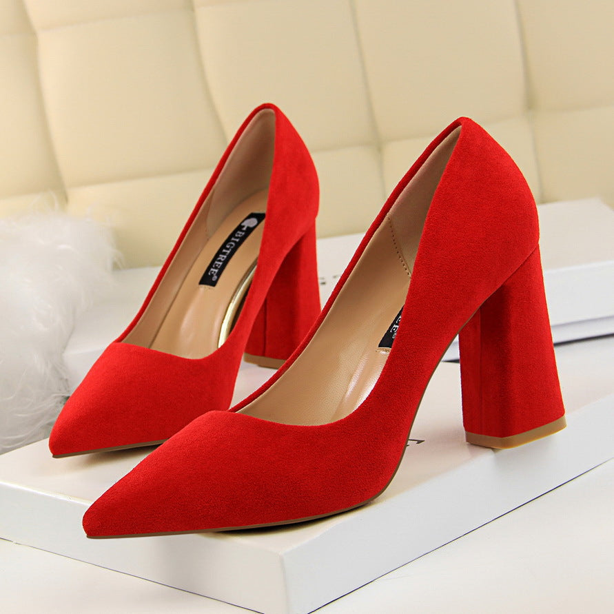 Simple Thick Heel High Heel Suede Shallow Mouth Pointed Toe Business Office Skinny Women Shoes High Heels Pumps-The Fance