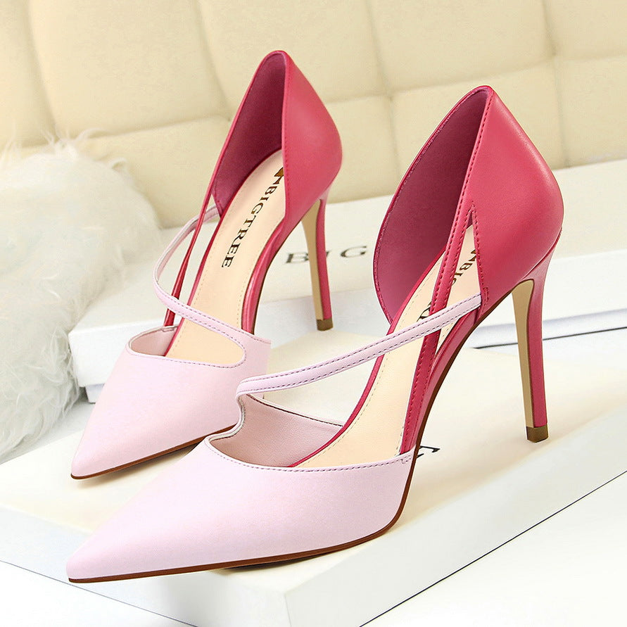 Sweet High Heels Women High Heel Low Cut Pointed Toe Colorblock Hollow Out Cutout out Strap Skinny Shoes-The Fance